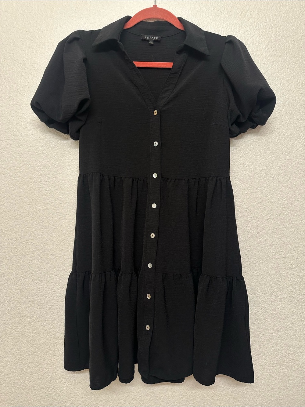 1. State Black Button-Front Puff Sleeve Midi Dress
